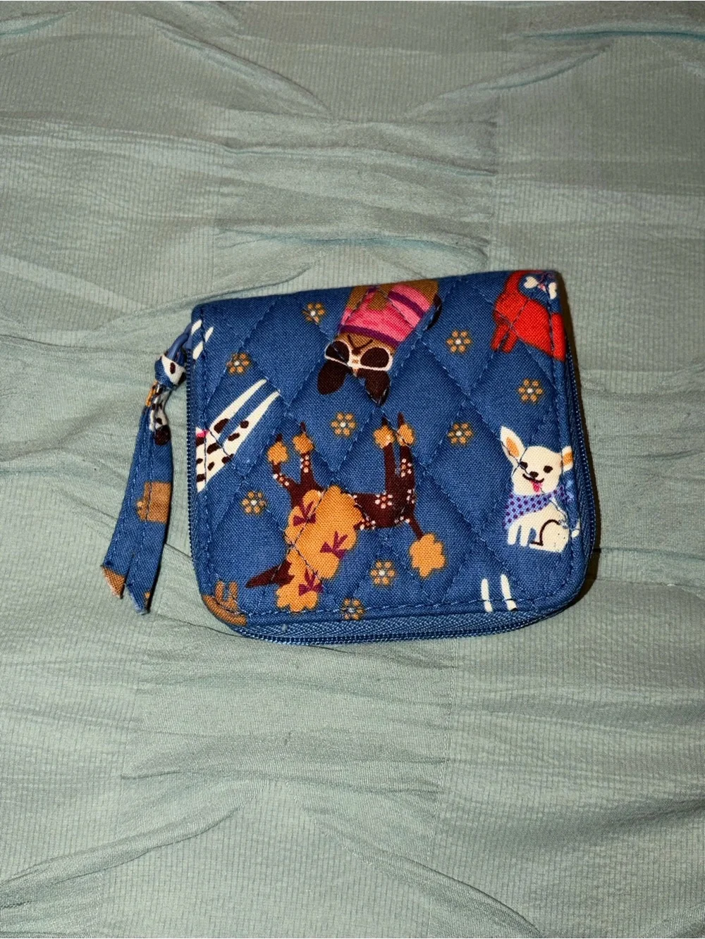 Vera Bradley Blue Quilted Zip Wallet with Playful Dog Pattern